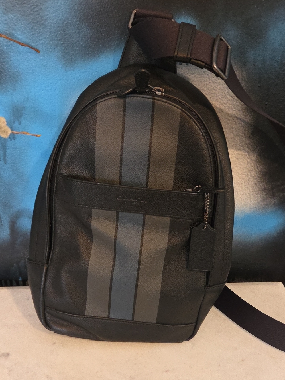 Coach Black Leather Men’s Sling Bag with Grey Racing Stripes